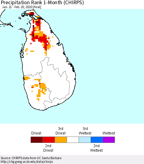 Sri Lanka Precipitation Rank since 1981, 1-Month (CHIRPS) Thematic Map For 1/21/2020 - 2/20/2020