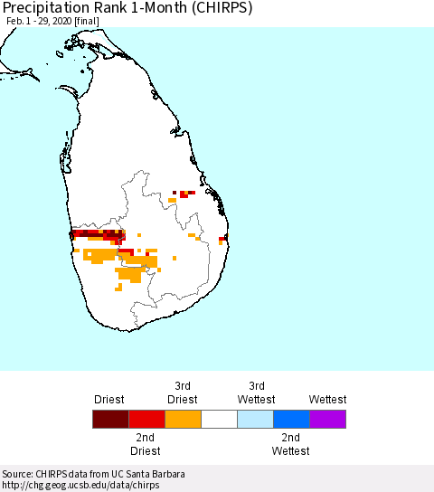 Sri Lanka Precipitation Rank since 1981, 1-Month (CHIRPS) Thematic Map For 2/1/2020 - 2/29/2020