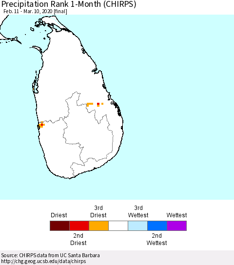 Sri Lanka Precipitation Rank 1-Month (CHIRPS) Thematic Map For 2/11/2020 - 3/10/2020