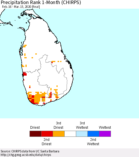 Sri Lanka Precipitation Rank since 1981, 1-Month (CHIRPS) Thematic Map For 2/16/2020 - 3/15/2020