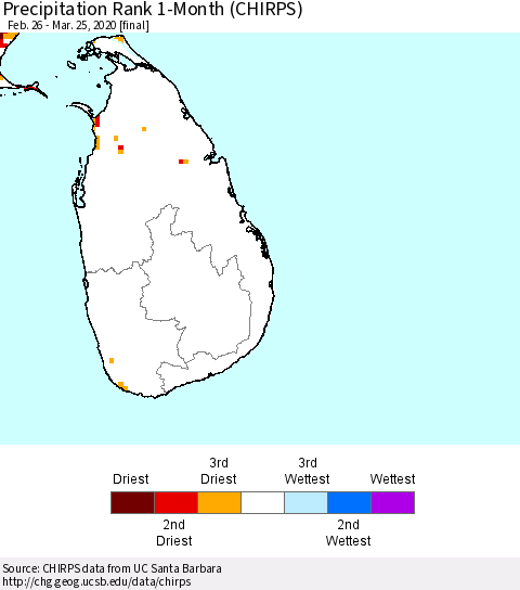 Sri Lanka Precipitation Rank 1-Month (CHIRPS) Thematic Map For 2/26/2020 - 3/25/2020