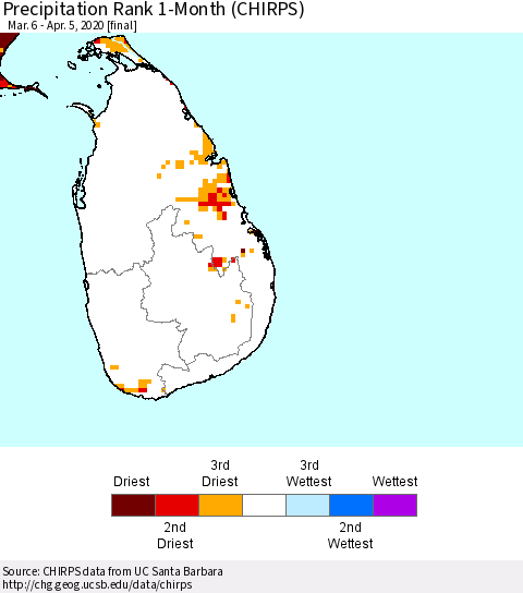 Sri Lanka Precipitation Rank since 1981, 1-Month (CHIRPS) Thematic Map For 3/6/2020 - 4/5/2020