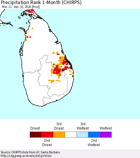 Sri Lanka Precipitation Rank since 1981, 1-Month (CHIRPS) Thematic Map For 3/11/2020 - 4/10/2020
