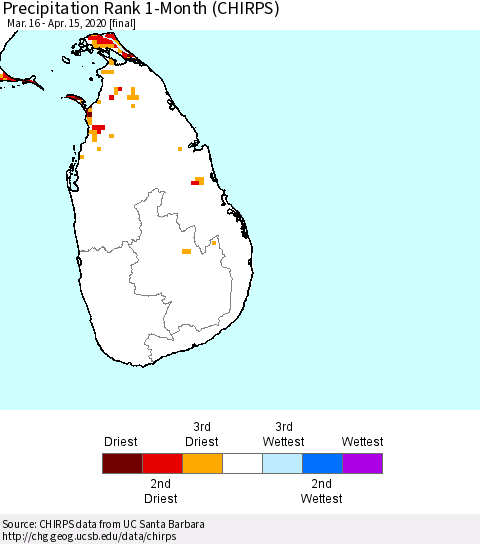 Sri Lanka Precipitation Rank since 1981, 1-Month (CHIRPS) Thematic Map For 3/16/2020 - 4/15/2020