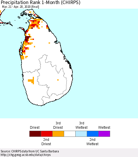 Sri Lanka Precipitation Rank since 1981, 1-Month (CHIRPS) Thematic Map For 3/21/2020 - 4/20/2020