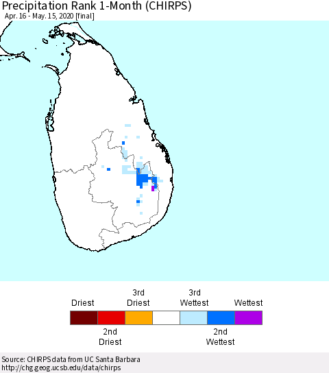 Sri Lanka Precipitation Rank 1-Month (CHIRPS) Thematic Map For 4/16/2020 - 5/15/2020