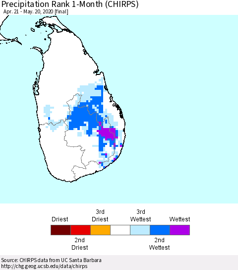 Sri Lanka Precipitation Rank 1-Month (CHIRPS) Thematic Map For 4/21/2020 - 5/20/2020