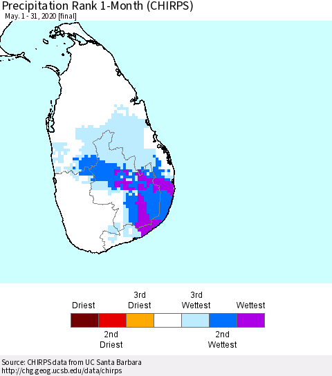 Sri Lanka Precipitation Rank 1-Month (CHIRPS) Thematic Map For 5/1/2020 - 5/31/2020