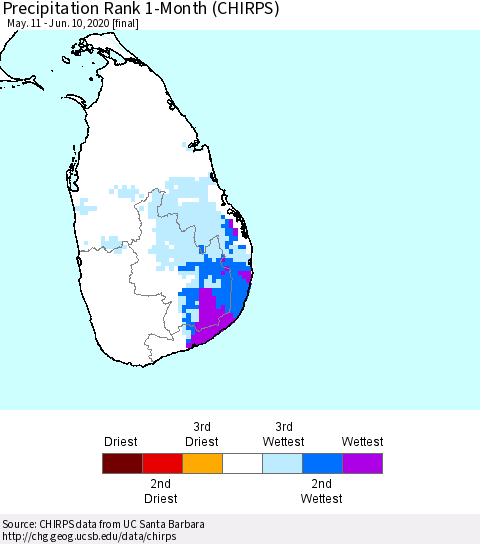 Sri Lanka Precipitation Rank 1-Month (CHIRPS) Thematic Map For 5/11/2020 - 6/10/2020