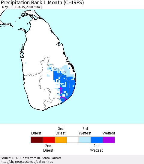 Sri Lanka Precipitation Rank since 1981, 1-Month (CHIRPS) Thematic Map For 5/16/2020 - 6/15/2020