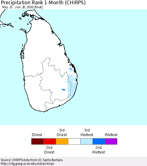 Sri Lanka Precipitation Rank 1-Month (CHIRPS) Thematic Map For 5/21/2020 - 6/20/2020