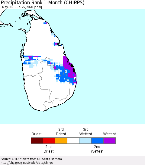 Sri Lanka Precipitation Rank 1-Month (CHIRPS) Thematic Map For 5/26/2020 - 6/25/2020