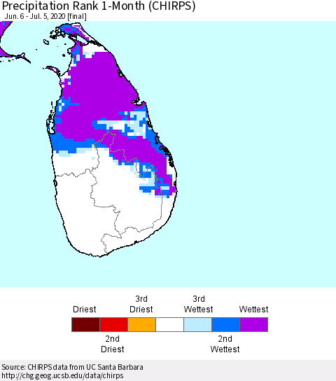 Sri Lanka Precipitation Rank since 1981, 1-Month (CHIRPS) Thematic Map For 6/6/2020 - 7/5/2020