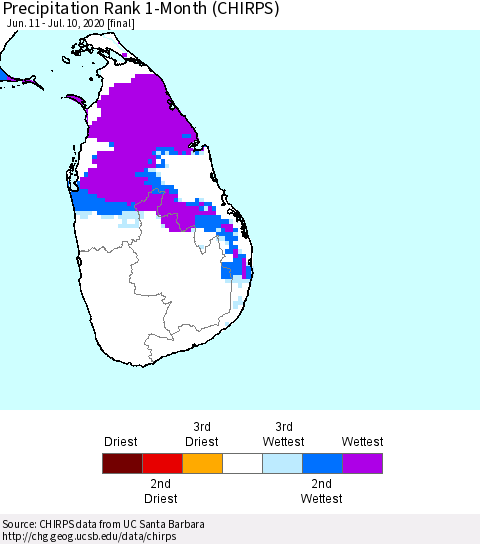 Sri Lanka Precipitation Rank 1-Month (CHIRPS) Thematic Map For 6/11/2020 - 7/10/2020