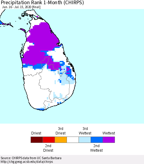 Sri Lanka Precipitation Rank 1-Month (CHIRPS) Thematic Map For 6/16/2020 - 7/15/2020