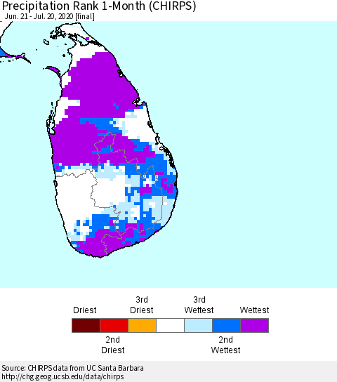 Sri Lanka Precipitation Rank 1-Month (CHIRPS) Thematic Map For 6/21/2020 - 7/20/2020