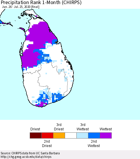 Sri Lanka Precipitation Rank 1-Month (CHIRPS) Thematic Map For 6/26/2020 - 7/25/2020