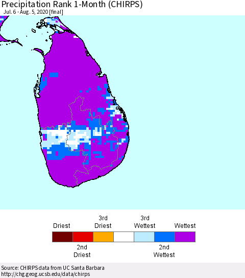Sri Lanka Precipitation Rank 1-Month (CHIRPS) Thematic Map For 7/6/2020 - 8/5/2020