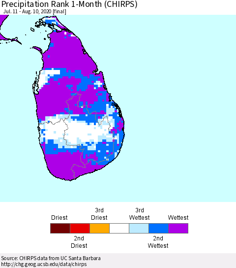 Sri Lanka Precipitation Rank 1-Month (CHIRPS) Thematic Map For 7/11/2020 - 8/10/2020