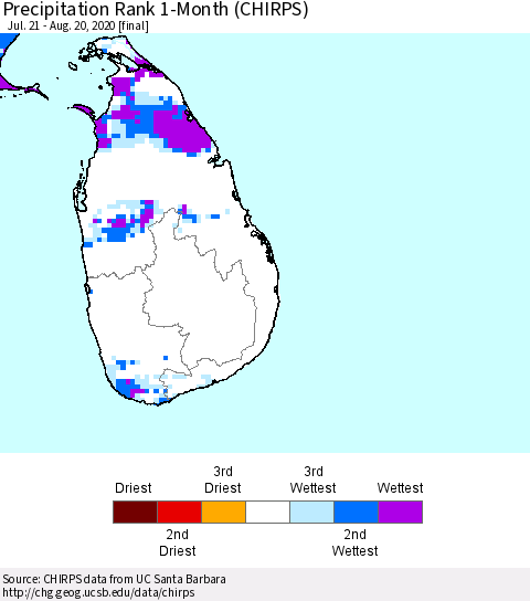 Sri Lanka Precipitation Rank 1-Month (CHIRPS) Thematic Map For 7/21/2020 - 8/20/2020