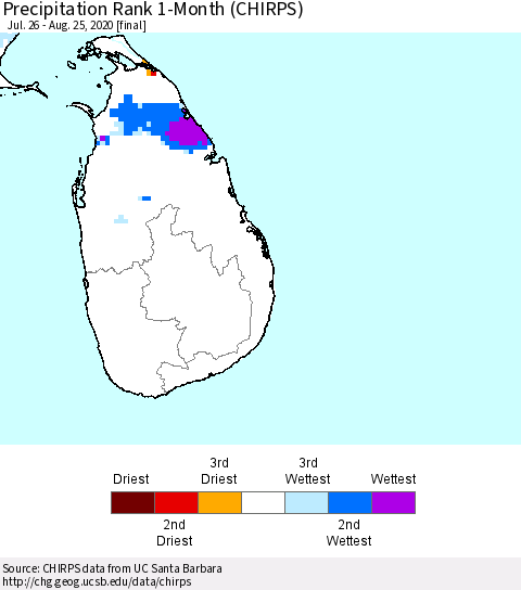Sri Lanka Precipitation Rank since 1981, 1-Month (CHIRPS) Thematic Map For 7/26/2020 - 8/25/2020