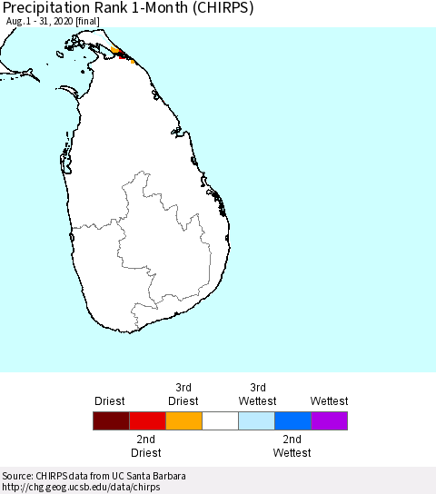 Sri Lanka Precipitation Rank 1-Month (CHIRPS) Thematic Map For 8/1/2020 - 8/31/2020