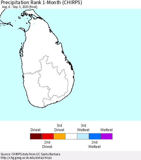 Sri Lanka Precipitation Rank since 1981, 1-Month (CHIRPS) Thematic Map For 8/6/2020 - 9/5/2020