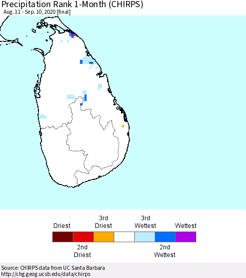 Sri Lanka Precipitation Rank 1-Month (CHIRPS) Thematic Map For 8/11/2020 - 9/10/2020