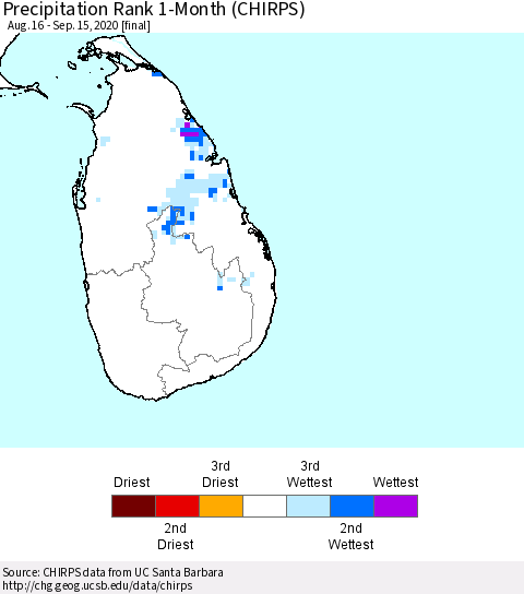 Sri Lanka Precipitation Rank 1-Month (CHIRPS) Thematic Map For 8/16/2020 - 9/15/2020