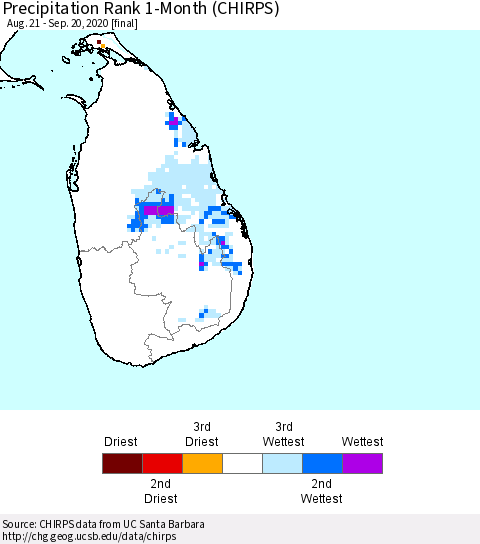 Sri Lanka Precipitation Rank since 1981, 1-Month (CHIRPS) Thematic Map For 8/21/2020 - 9/20/2020