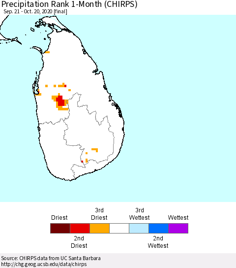 Sri Lanka Precipitation Rank 1-Month (CHIRPS) Thematic Map For 9/21/2020 - 10/20/2020