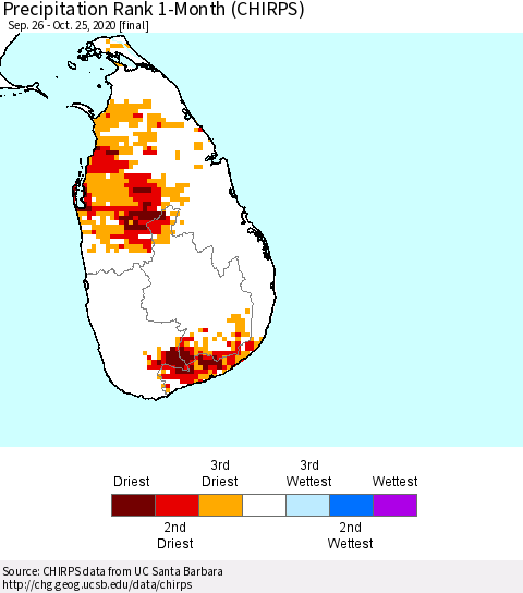 Sri Lanka Precipitation Rank since 1981, 1-Month (CHIRPS) Thematic Map For 9/26/2020 - 10/25/2020