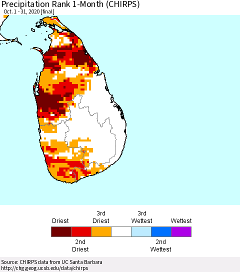 Sri Lanka Precipitation Rank since 1981, 1-Month (CHIRPS) Thematic Map For 10/1/2020 - 10/31/2020