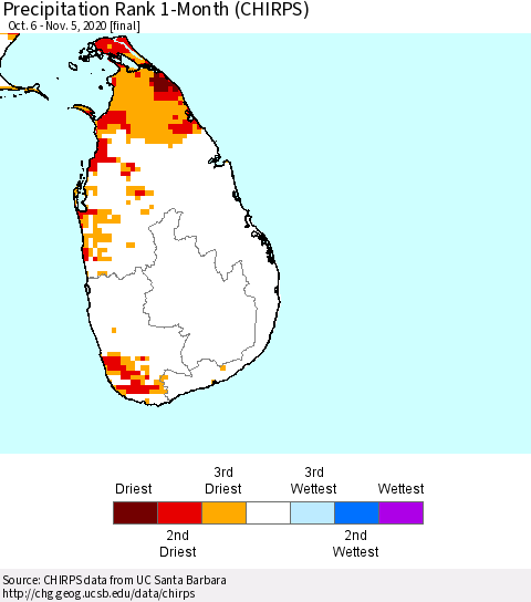 Sri Lanka Precipitation Rank since 1981, 1-Month (CHIRPS) Thematic Map For 10/6/2020 - 11/5/2020