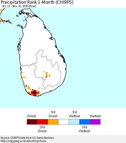 Sri Lanka Precipitation Rank since 1981, 1-Month (CHIRPS) Thematic Map For 10/11/2020 - 11/10/2020