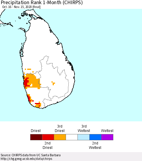 Sri Lanka Precipitation Rank 1-Month (CHIRPS) Thematic Map For 10/16/2020 - 11/15/2020