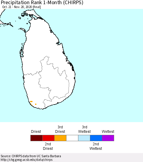 Sri Lanka Precipitation Rank 1-Month (CHIRPS) Thematic Map For 10/21/2020 - 11/20/2020