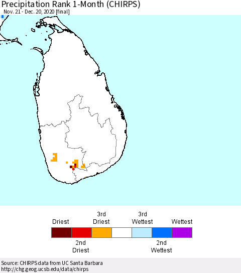 Sri Lanka Precipitation Rank since 1981, 1-Month (CHIRPS) Thematic Map For 11/21/2020 - 12/20/2020