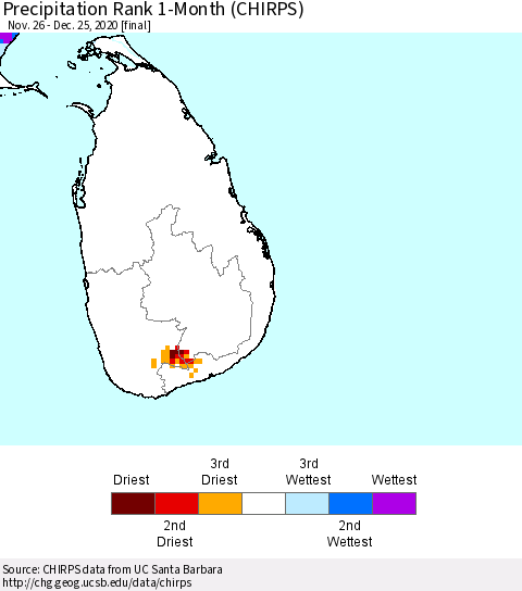 Sri Lanka Precipitation Rank since 1981, 1-Month (CHIRPS) Thematic Map For 11/26/2020 - 12/25/2020
