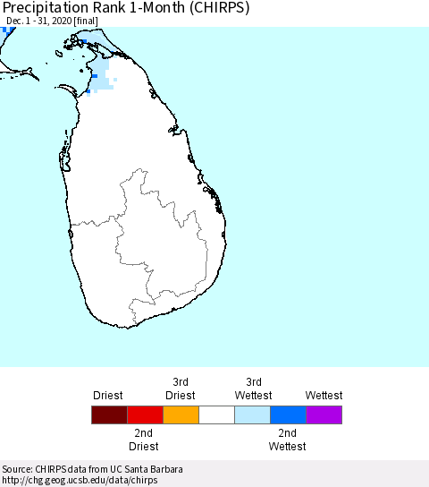 Sri Lanka Precipitation Rank since 1981, 1-Month (CHIRPS) Thematic Map For 12/1/2020 - 12/31/2020