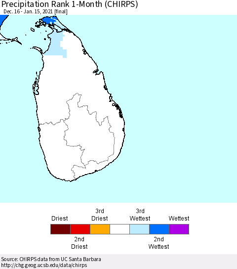 Sri Lanka Precipitation Rank since 1981, 1-Month (CHIRPS) Thematic Map For 12/16/2020 - 1/15/2021