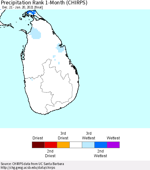 Sri Lanka Precipitation Rank since 1981, 1-Month (CHIRPS) Thematic Map For 12/21/2020 - 1/20/2021
