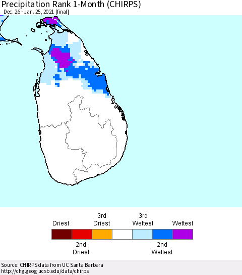 Sri Lanka Precipitation Rank since 1981, 1-Month (CHIRPS) Thematic Map For 12/26/2020 - 1/25/2021
