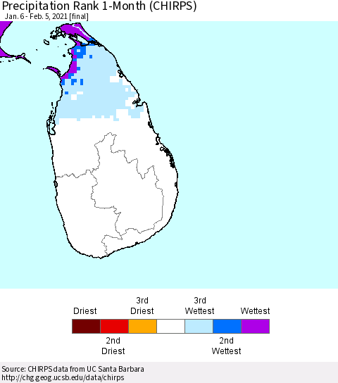 Sri Lanka Precipitation Rank 1-Month (CHIRPS) Thematic Map For 1/6/2021 - 2/5/2021