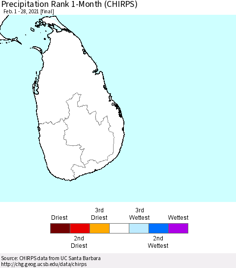 Sri Lanka Precipitation Rank since 1981, 1-Month (CHIRPS) Thematic Map For 2/1/2021 - 2/28/2021