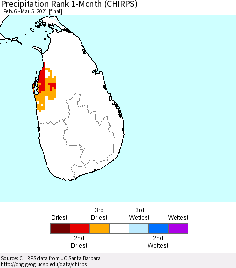 Sri Lanka Precipitation Rank since 1981, 1-Month (CHIRPS) Thematic Map For 2/6/2021 - 3/5/2021