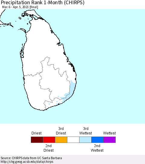 Sri Lanka Precipitation Rank 1-Month (CHIRPS) Thematic Map For 3/6/2021 - 4/5/2021