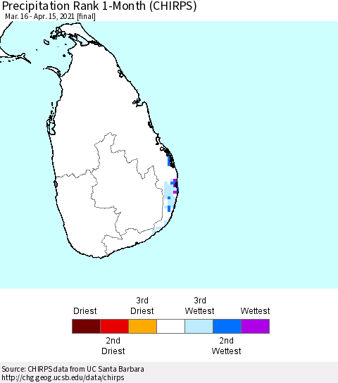 Sri Lanka Precipitation Rank 1-Month (CHIRPS) Thematic Map For 3/16/2021 - 4/15/2021