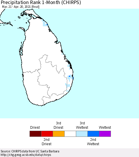 Sri Lanka Precipitation Rank since 1981, 1-Month (CHIRPS) Thematic Map For 3/21/2021 - 4/20/2021
