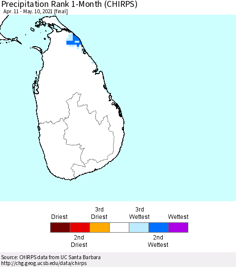 Sri Lanka Precipitation Rank 1-Month (CHIRPS) Thematic Map For 4/11/2021 - 5/10/2021